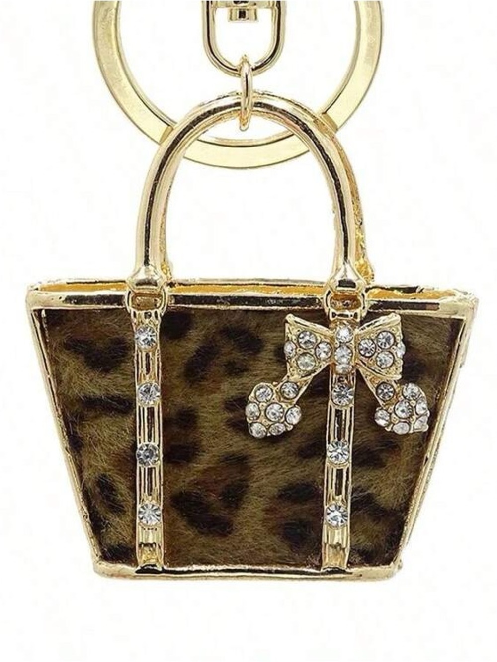 Gold-Tone Leopard Mini Purse Keychain with Crystal Bow Bag Bling accessory